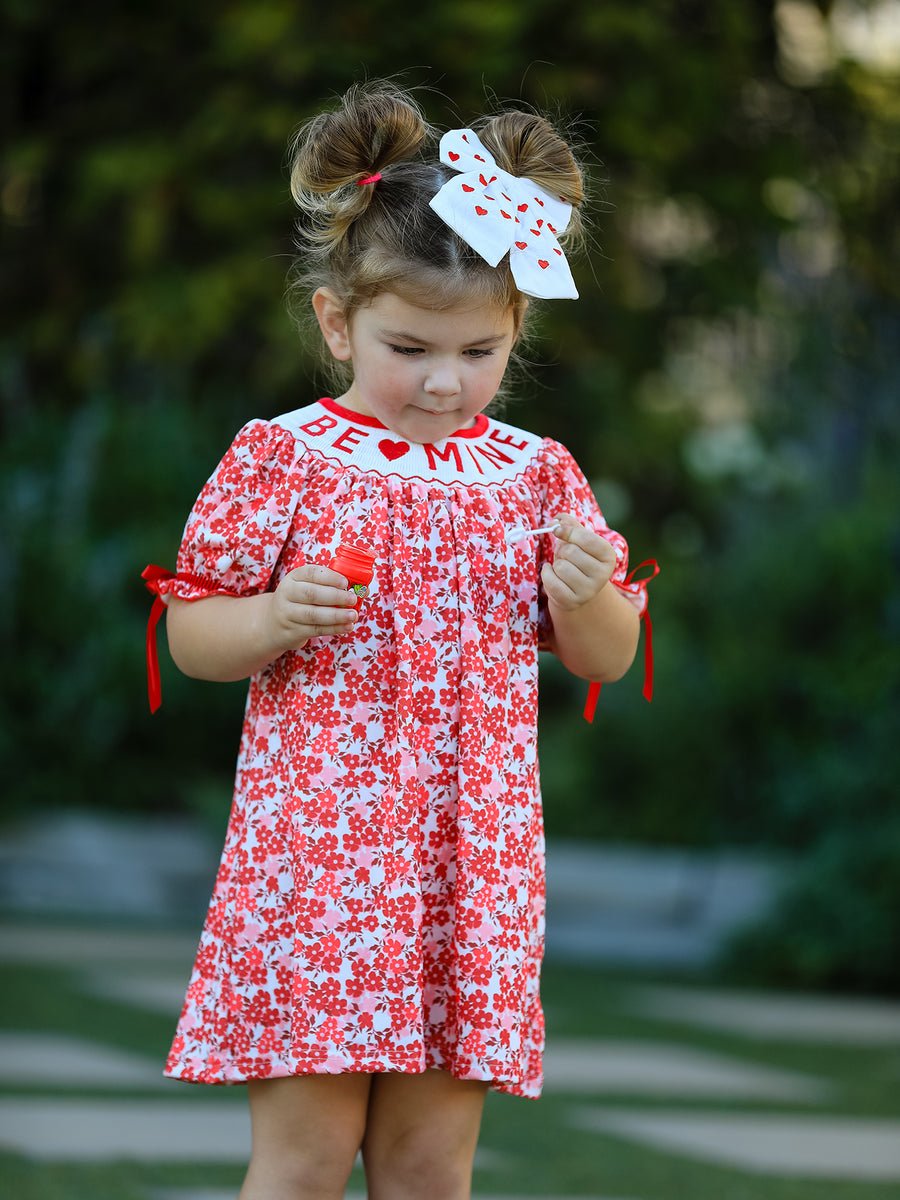 Valentine's Day "BE ❤ MINE" Embroidered Floral Girls' Dress