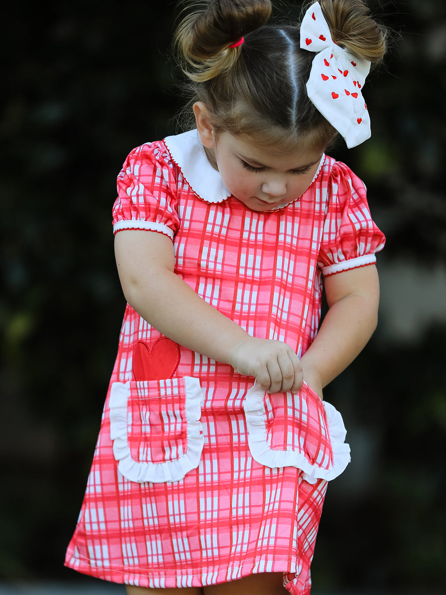 Valentine's Day Plaid Pocket Girls Short Sleeves Dress