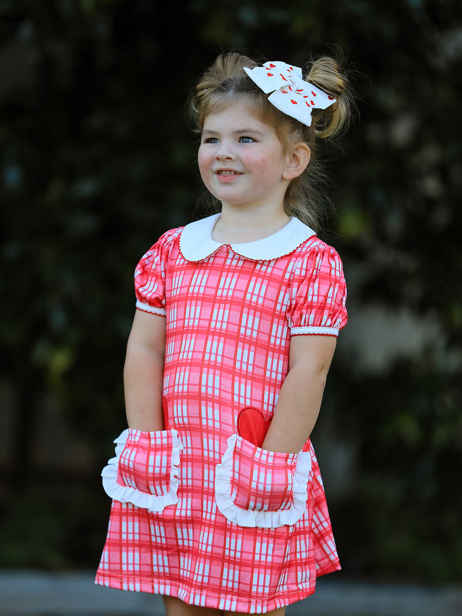 Valentine's Day Plaid Pocket Girls Short Sleeves Dress