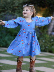 Denim Heart Dress for Girls – Long Sleeve Valentine Outfit
