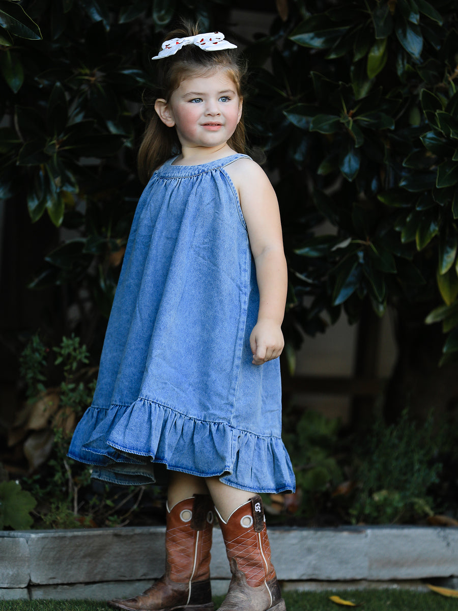 Girls Denim Ruffle Trim A-Line Dress Light Blue / 7