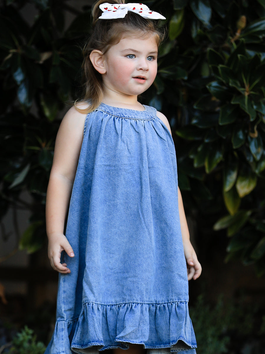 denim dress with frills Harper Ruffle Tiered Navy Size Ruffle Denim Dress Denim /