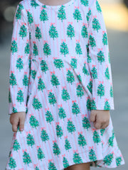 Christmas Girls Pink Stripe Tree Bow Twirl Dress