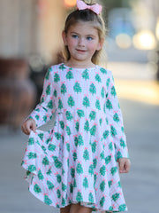 Christmas Girls Pink Stripe Tree Bow Twirl Dress