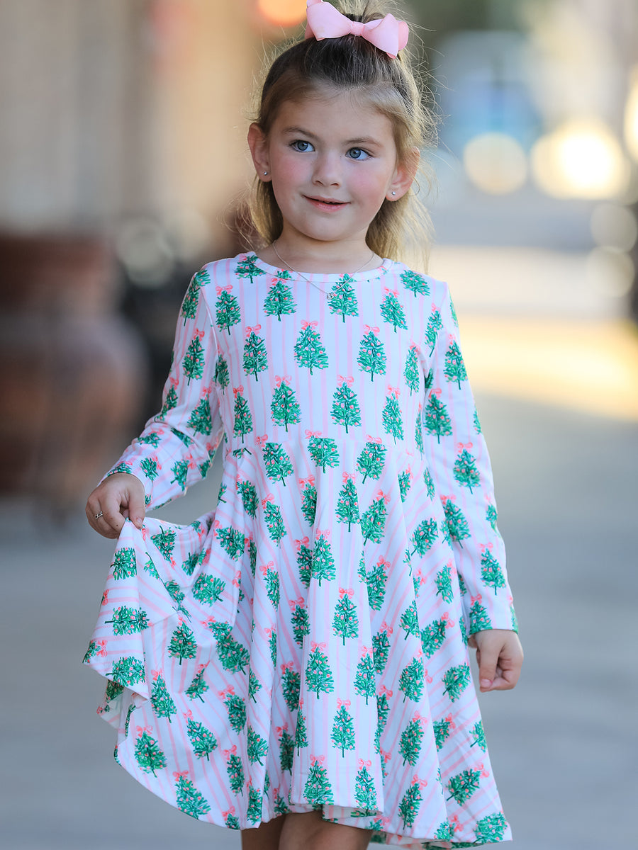 Christmas Girls Pink Stripe Tree Bow Twirl Dress