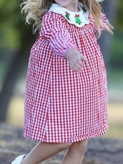 Christmas Embroidered Christmas Tree Plaid Girls Dress