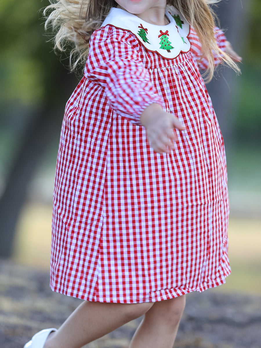 Christmas Embroidered Christmas Tree Plaid Girls Dress