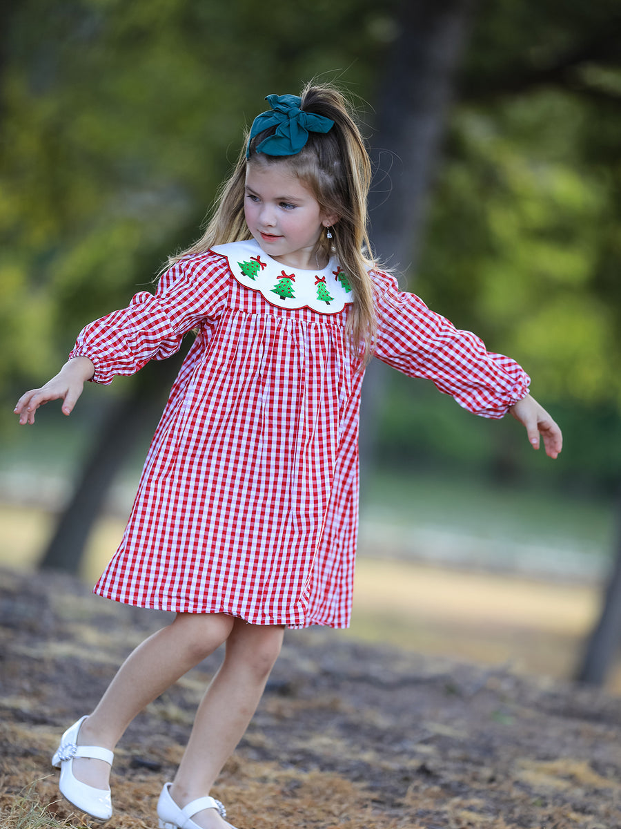 Christmas Embroidered Christmas Tree Plaid Girls Dress
