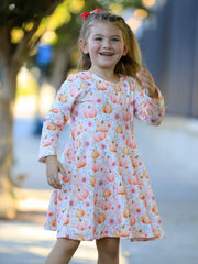 Fall Pink Pumpkin Girls Long Sleeve Twirl Dress