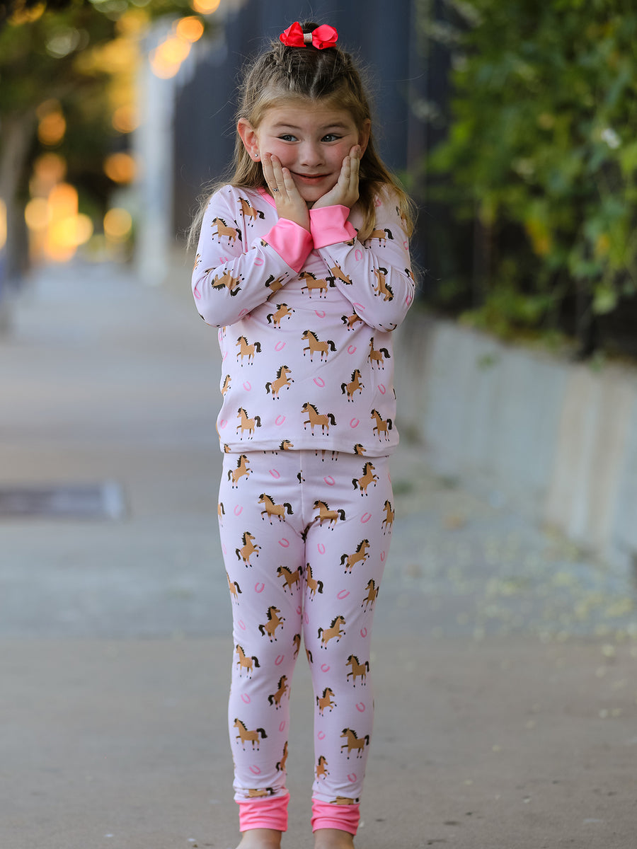 Western Horse Print Girls Pajamas Set Long Sleeve Leggings