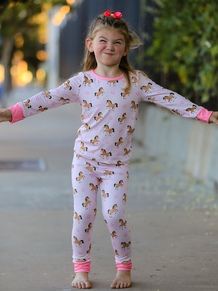 Western Horse Print Girls Pajamas Set Long Sleeve Leggings