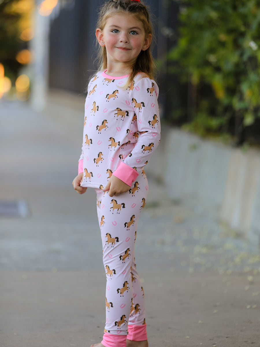 Western Horse Print Girls Pajamas Set Long Sleeve Leggings