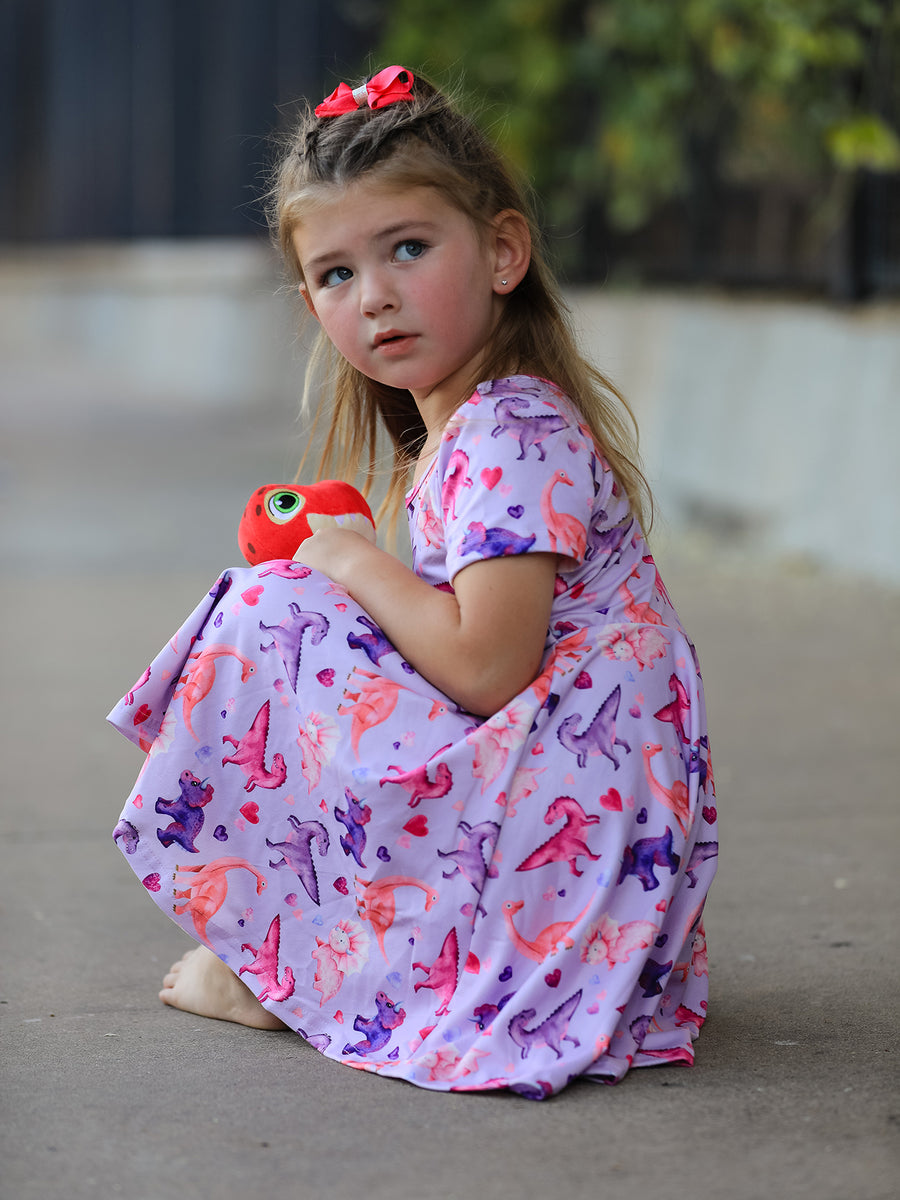 Dinosaur Heart Twirl Girls Dress Short Sleeves