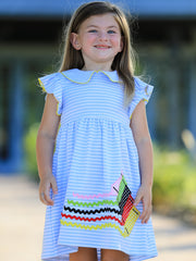Girls Back To School Crayon Dress Ruffle Petal Collar Applique