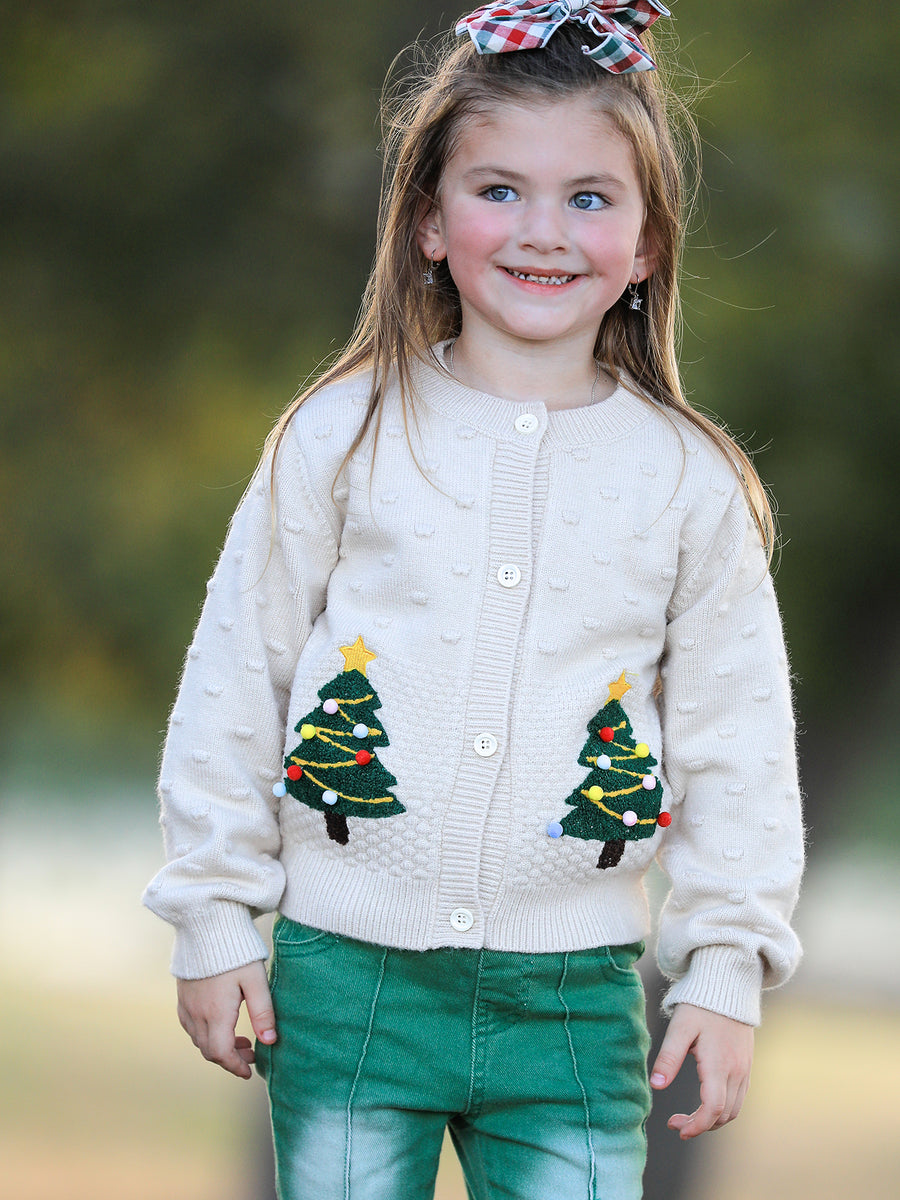 Christmas Tree Knit Cardigan Kids Holiday Sweater Button Front