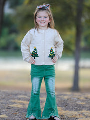 Christmas Tree Knit Cardigan Kids Holiday Sweater Button Front
