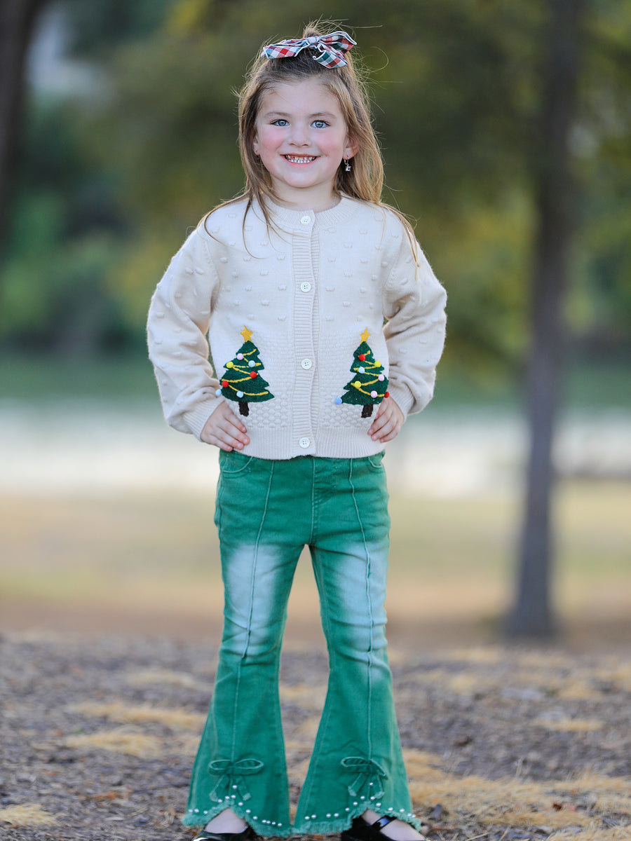 Christmas Tree Knit Cardigan Kids Holiday Sweater Button Front