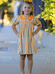 Fall Floral Stripe Girls Dress Petals Collar Smocked