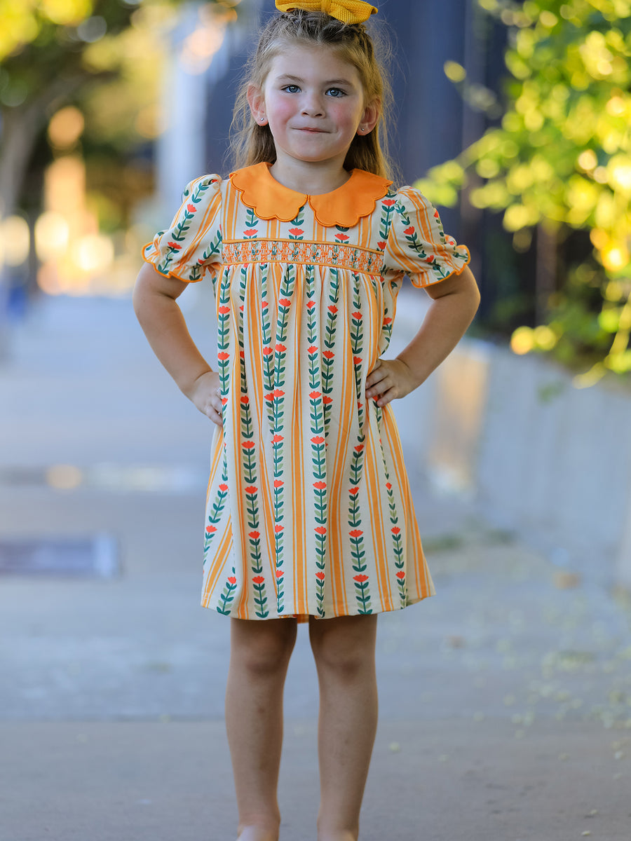 Fall Floral Stripe Girls Dress Petals Collar Smocked