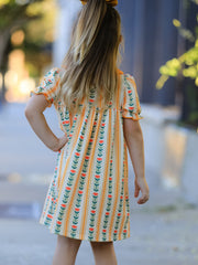 Fall Floral Stripe Girls Dress Petals Collar Smocked