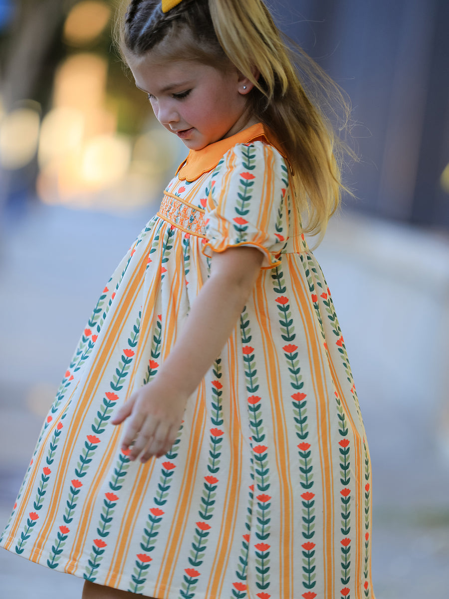 Fall Floral Stripe Girls Dress Petals Collar Smocked
