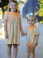 Fall Floral Stripe Girls Dress Petals Collar Smocked
