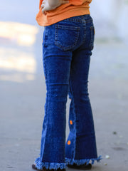 Girls Pumpkin Embroidered Flare Jeans Fall Denim Pants with Fringe Hem