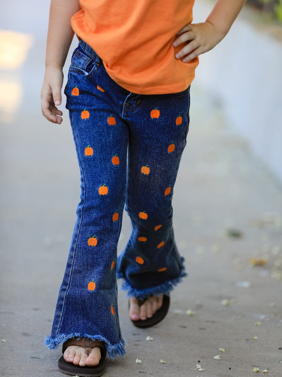 Girls Pumpkin Embroidered Flare Jeans Fall Denim Pants with Fringe Hem