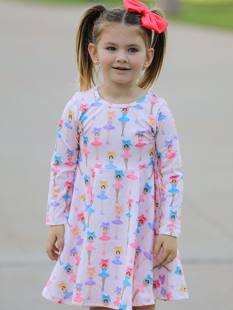 Fall Colorful Ballet Character Girls Long Sleeve Twirl Dress