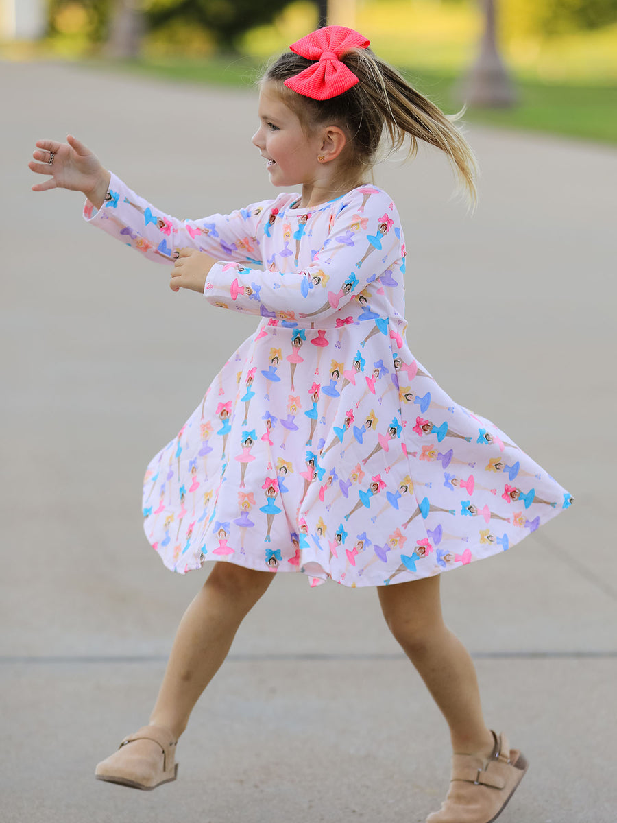 Fall Colorful Ballet Character Girls Long Sleeve Twirl Dress
