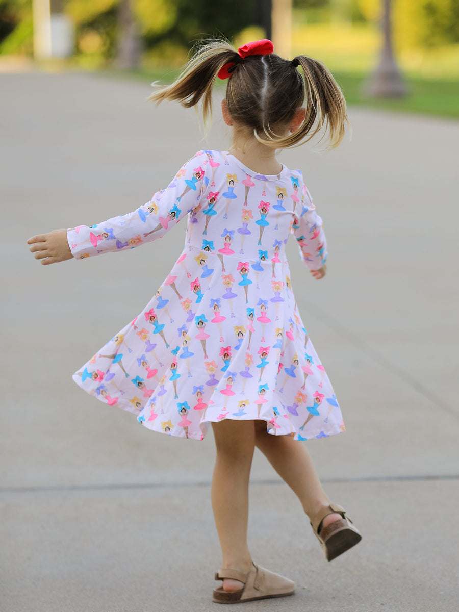 Fall Colorful Ballet Character Girls Long Sleeve Twirl Dress