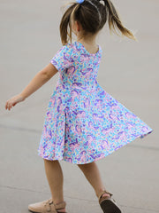 Unicorn Floral Print Girls Short Sleeve Twirl Dress