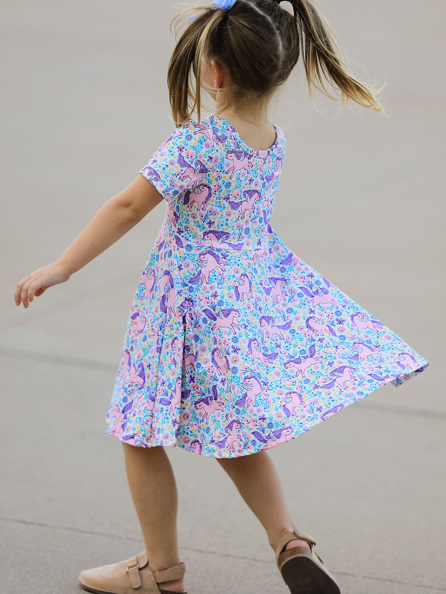 Unicorn Floral Print Girls Short Sleeve Twirl Dress