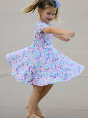 Unicorn Floral Print Girls Short Sleeve Twirl Dress