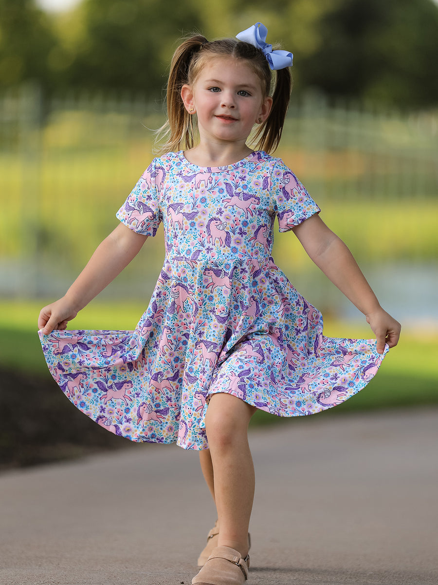 Unicorn Floral Print Girls Short Sleeve Twirl Dress