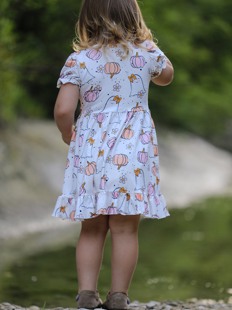 Halloween Pumpkin Ghost Print Cute Girls Dress