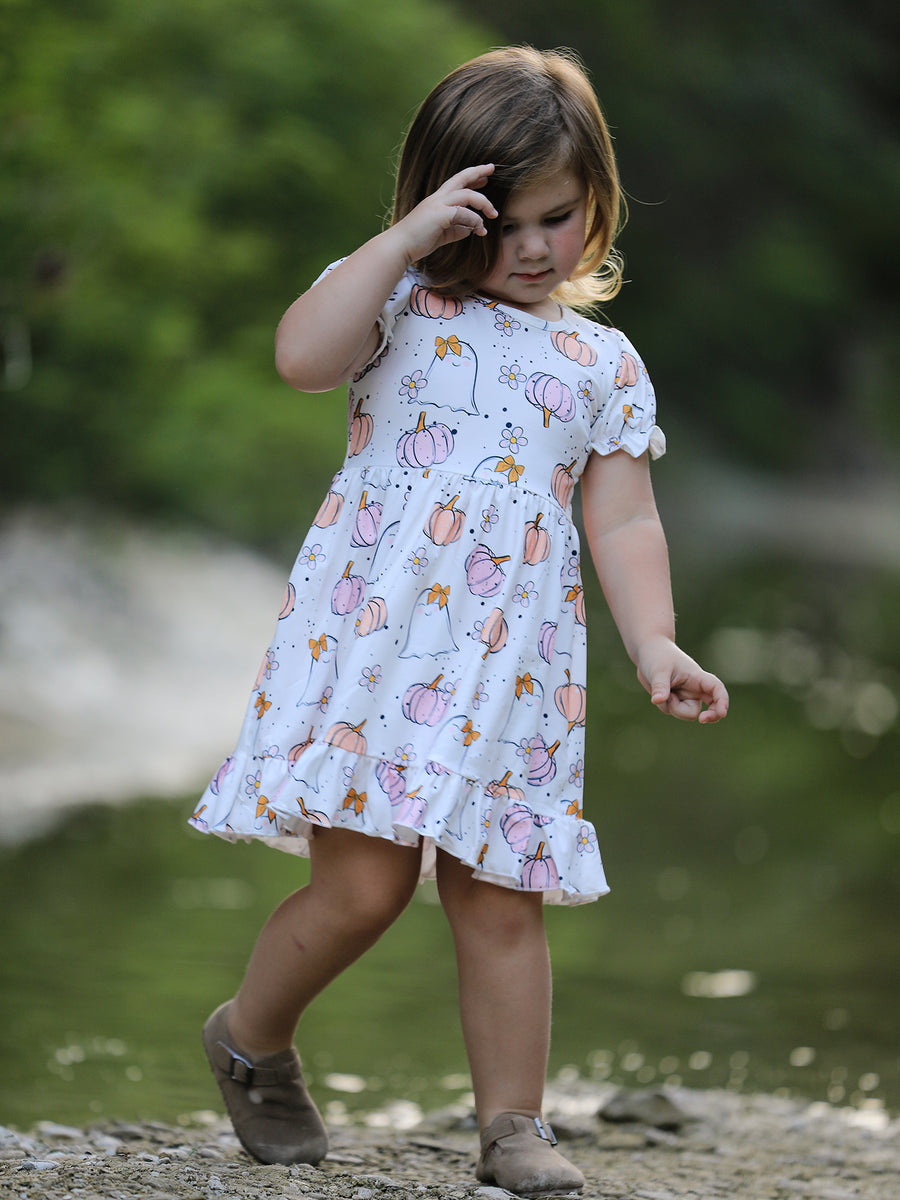 Halloween Pumpkin Ghost Print Cute Girls Dress