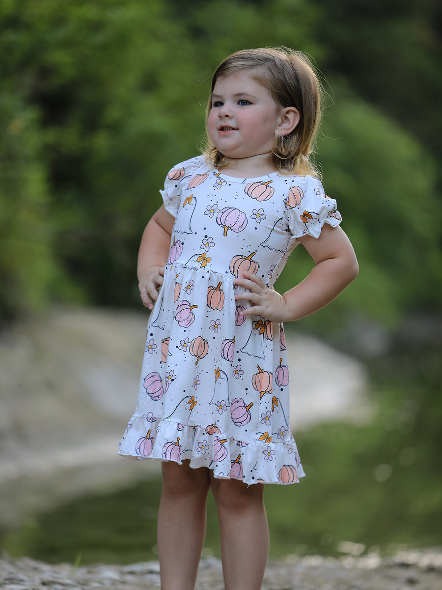 Halloween Pumpkin Ghost Print Cute Girls Dress