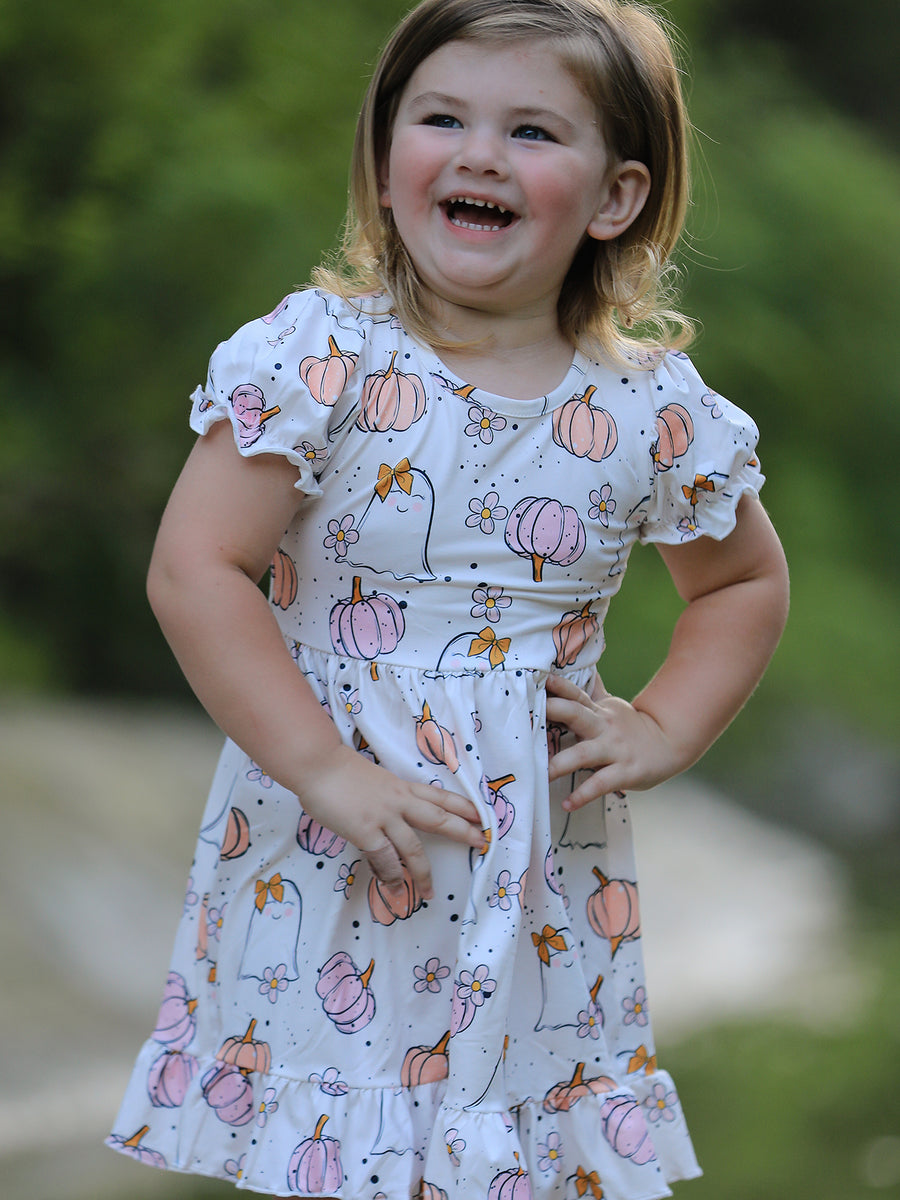 Halloween Pumpkin Ghost Print Cute Girls Dress