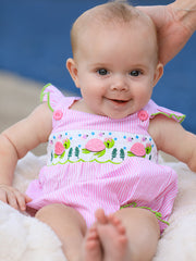 Turtle Girls Romper Pink Stripe Ruffle Strap Smocked