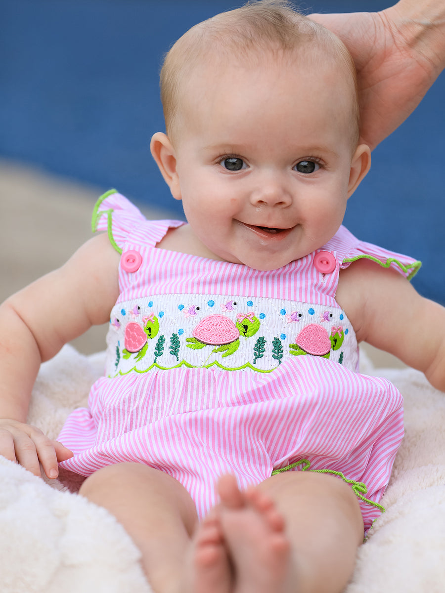 Turtle Girls Romper Pink Stripe Ruffle Strap Smocked