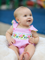 Turtle Girls Romper Pink Stripe Ruffle Strap Smocked