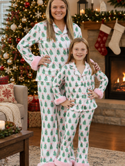 Mommy and Me Christmas Tree Print Pajama Set with Fur Trim