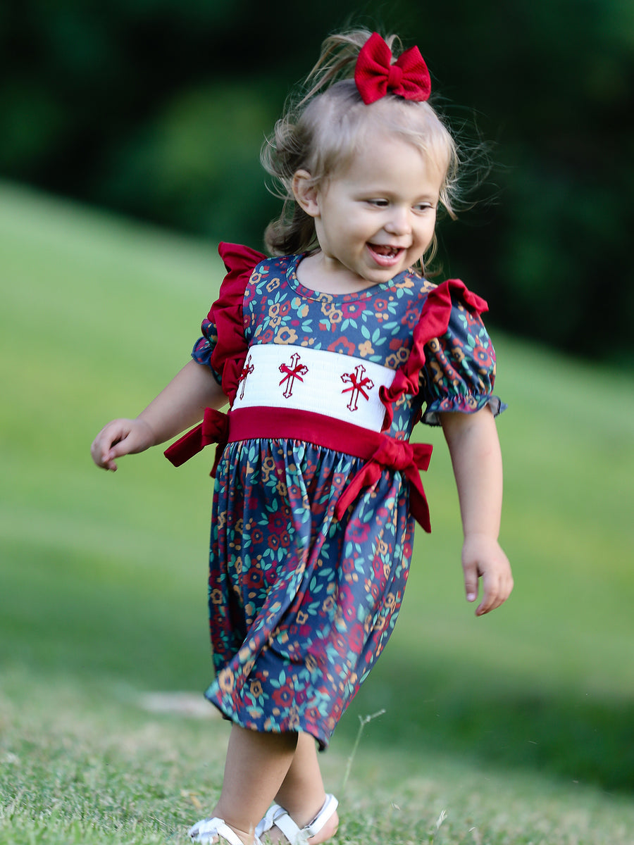 Vintage Floral Smocked Church Christ Bishop Christening Girl Dress