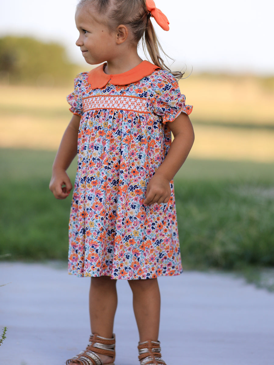 Fall Floral Smocked Petals Collar Girls Dress