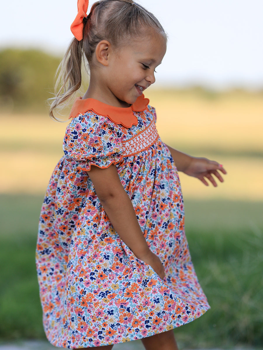 Fall Floral Smocked Petals Collar Girls Dress