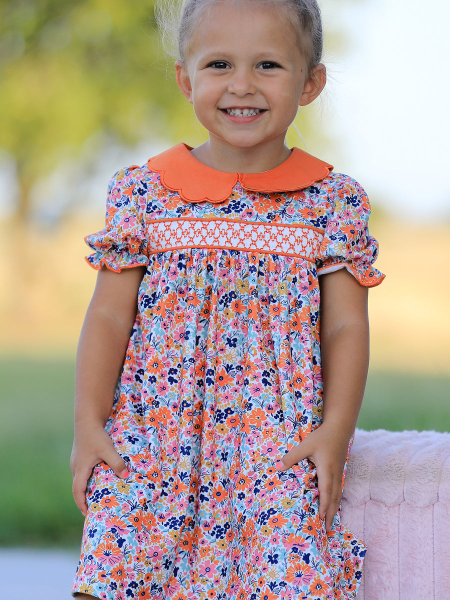 Fall Floral Smocked Petals Collar Girls Dress