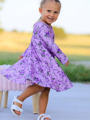 Fall Lavender Floral Print Girls Long Sleeve Twirl Dress