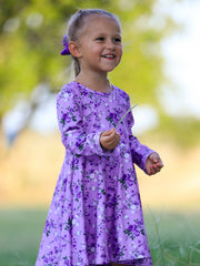 Fall Lavender Floral Print Girls Long Sleeve Twirl Dress