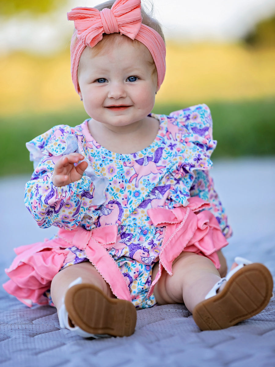 Unicorn Floral Print Girls Long Sleeve Romper